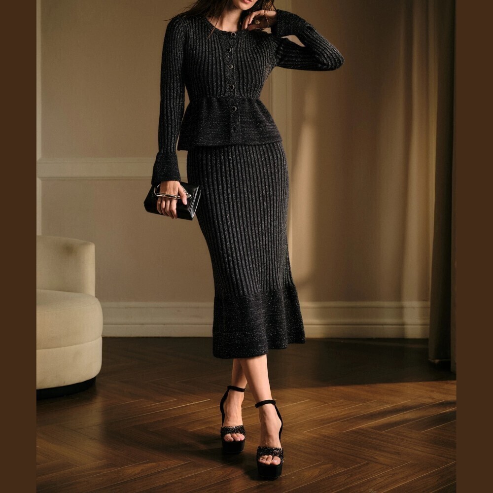 Black Metallic Ribbed Knit Button Front Peplum Sweater & Flounce Hem Skirt Set